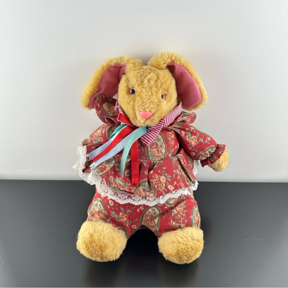 Vintage 90s Bunny Rabbit Red Floral Dress Plush Stuffed Animal Ribbons Pink